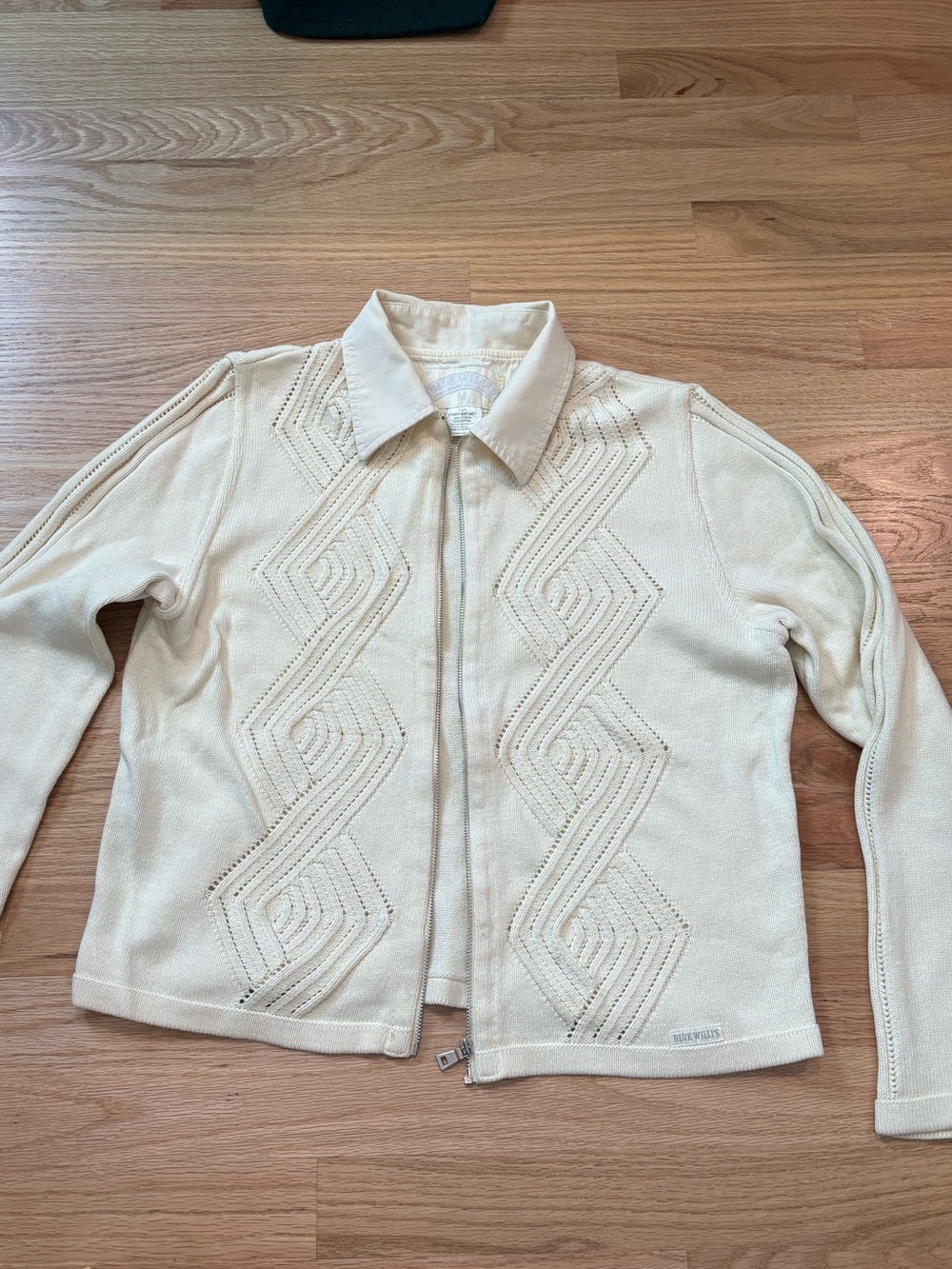 100% Cotton Zip up Sweater from Denmark with Geometric Stitch Detail  Sz M